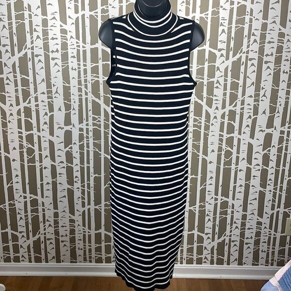 Striped Ribbed Sweater Knit Turtleneck Sleeveless Midi Dress… - Picture 1 of 13